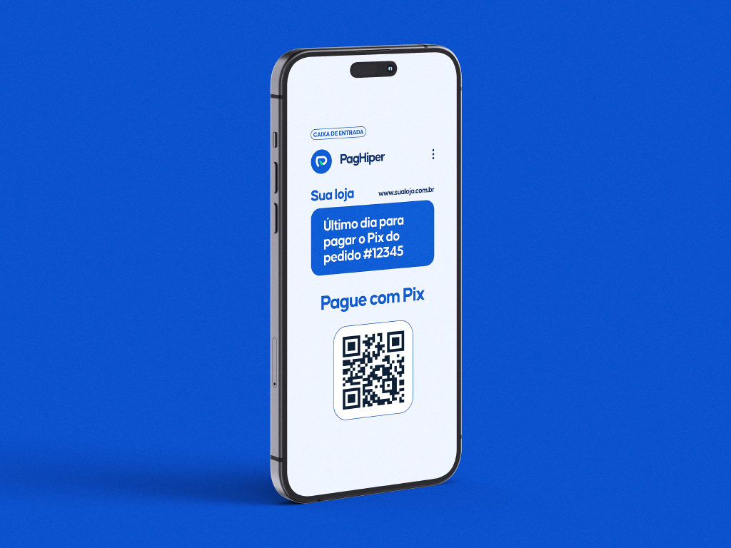 Imagem de um celular exibindo uma tela de pagamento Pix via PagHiper, com código QR e informações de pagamento, destaque para o fundo azul.