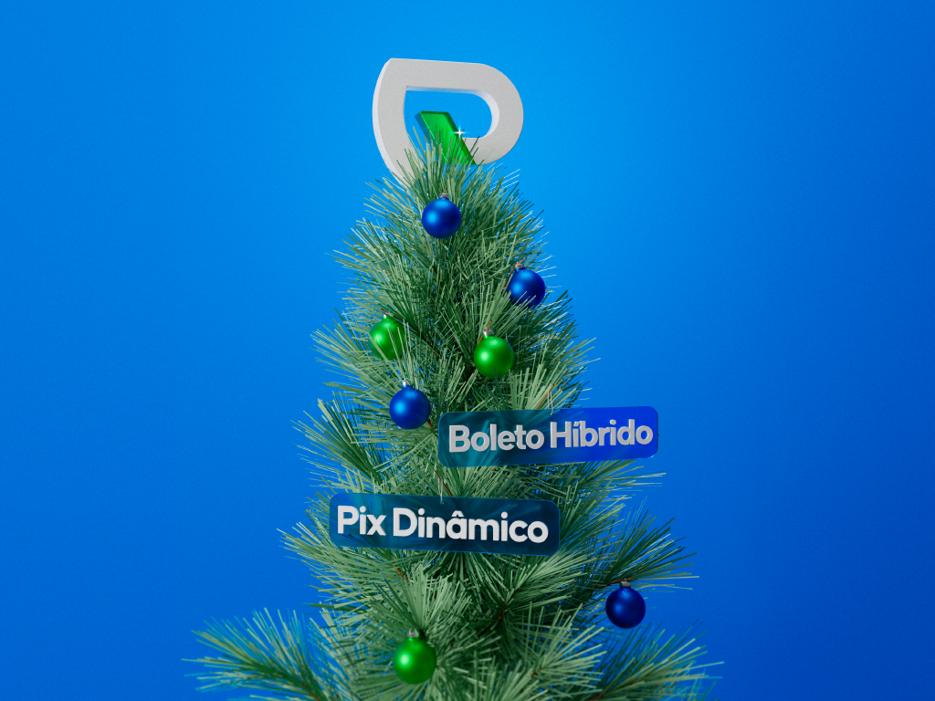 Árvore de Natal decorada com bolas verdes e azuis, incluindo um cartel com as palavras 'Boleto Hibrido' e 'Pix Dinâmico', destacando uma solução de pagamento digital.