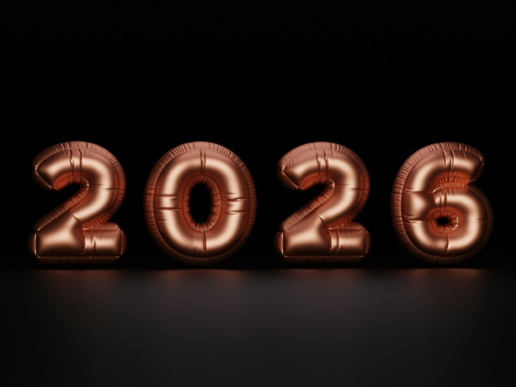 Balões em formato de números formando '2026' com fundo preto, ideal para celebrações de Ano Novo ou eventos especiais.