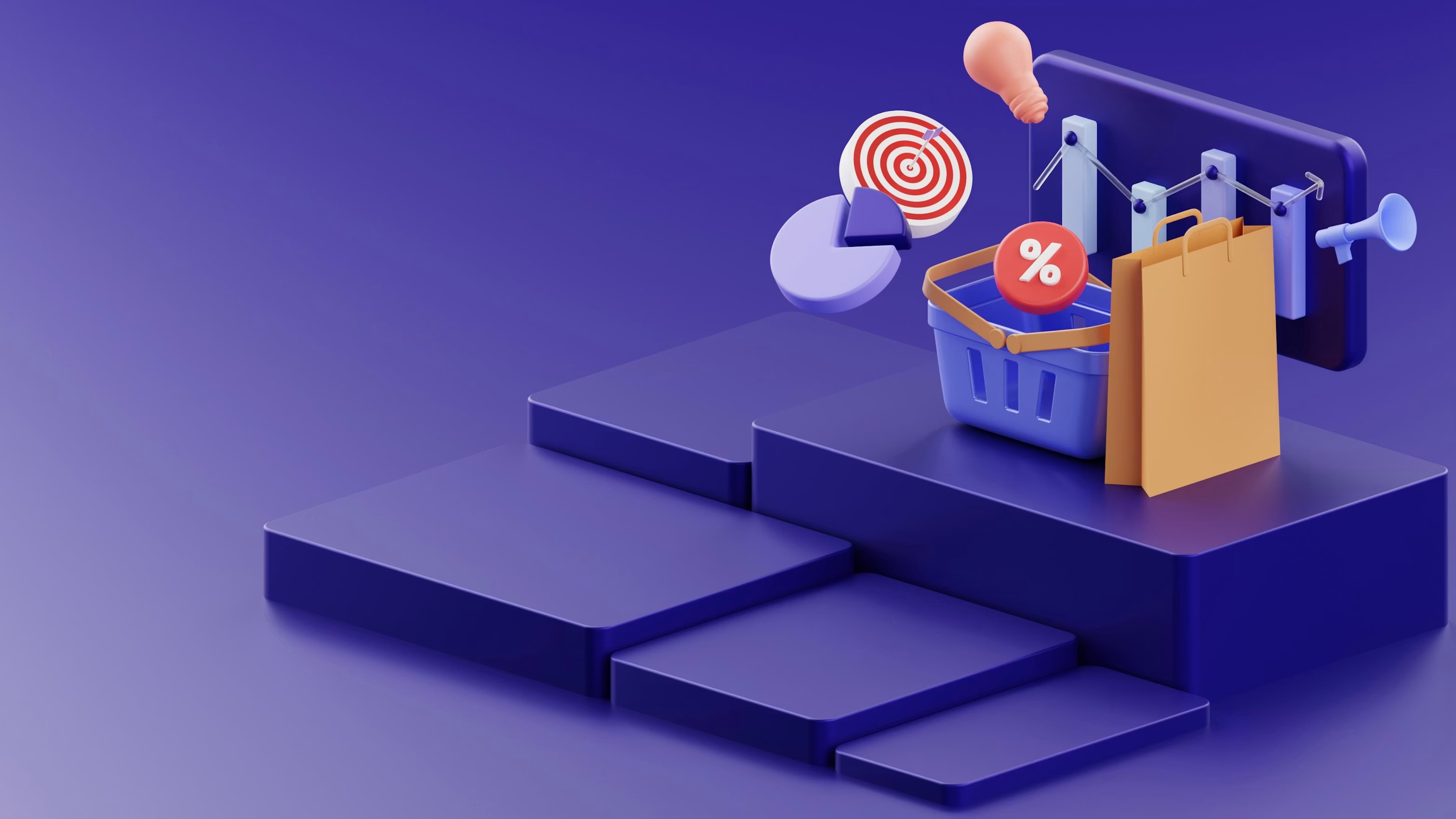 Ilustração 3D em fundo azul com uma mão puxando uma alça acima de uma caixa de compras, alvo com círculos e ícone de porcentagem, sugerindo promoção e descontos